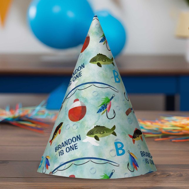 Gorro De Fiesta Niños con temática de pesca de 1 cumpleaños (Fishing themed, boy 1st birthday party cone hat.)