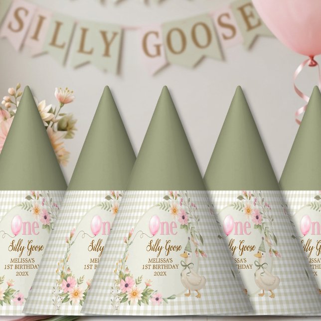 Gorro De Fiesta One Silly Goose Gingham Floral Birthday Party Hat (Subido por el creador)