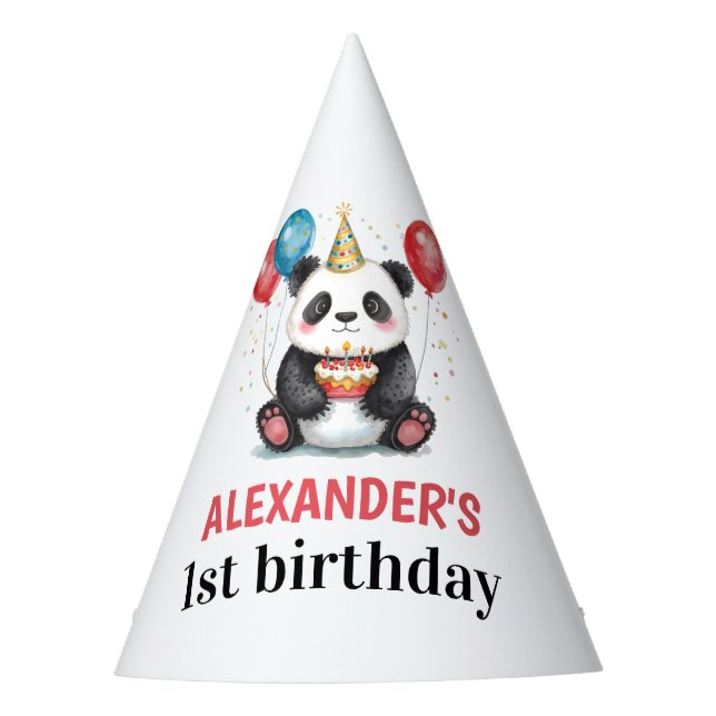 Gorro De Fiesta Panda lindo con globos y pastel primer cumpleaños (Anverso)