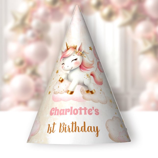 Gorro De Fiesta Papel beige rosado de primer cumpleaños de Chica d (Pink Cute Unicorn Girl 1st Birthday Paper Party Hat)