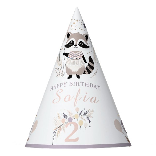 Gorro De Fiesta Pastel Boho Raccoon y Globos Cumpleaños (Anverso)