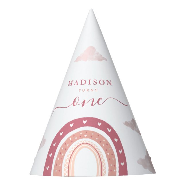 Gorro De Fiesta Pastel Pink Rainbow Boho Nubes Cumpleaños (Anverso)