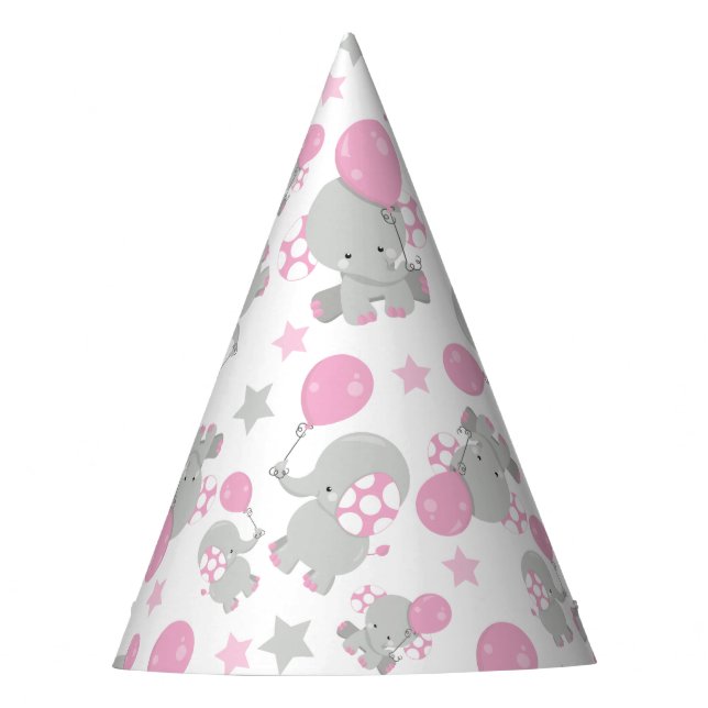 Gorro De Fiesta Patrón de Elefantes, Elefantes Cutos - Gris Rosa (Anverso)