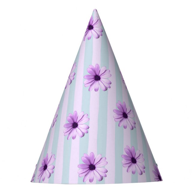 Gorro De Fiesta patrón de margarita rayada azul y morado (Anverso)
