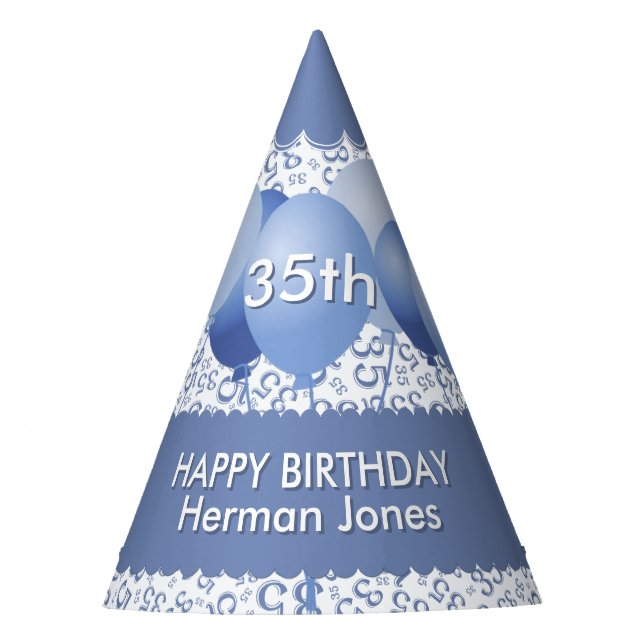 Gorro De Fiesta Patrón de número al azar de cumpleaños 35 Azul/Bla (Anverso)