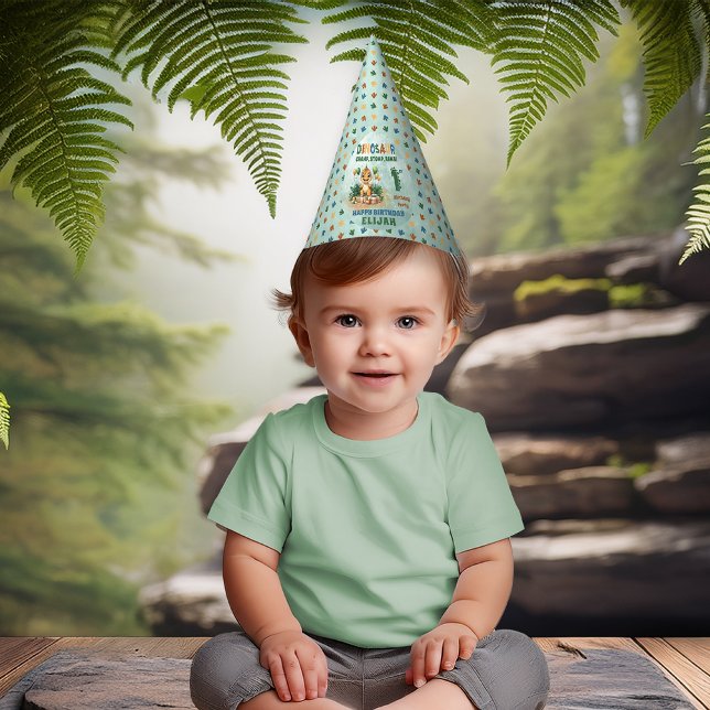 Gorro De Fiesta Pequeño niño de dinosaurio lindo primer Fiesta de  (Cute Little Dinosaur Boy 1st Birthday Celebration Party Hat)