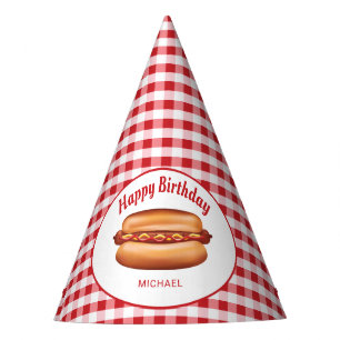 Gorro De Fiesta Perro caliente en el patrón rojo de Gingham Feliz