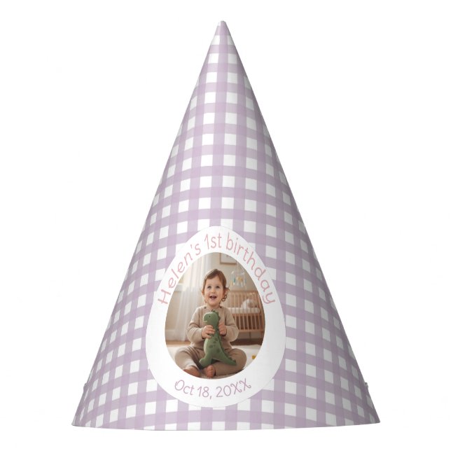 Gorro De Fiesta Personalized Lavender Gingham 1st Birthday Photo (Anverso)