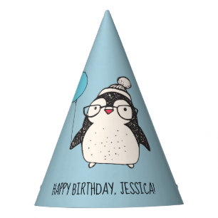 Gorro De Fiesta Pingüino lindo con un globo de cumpleaños person