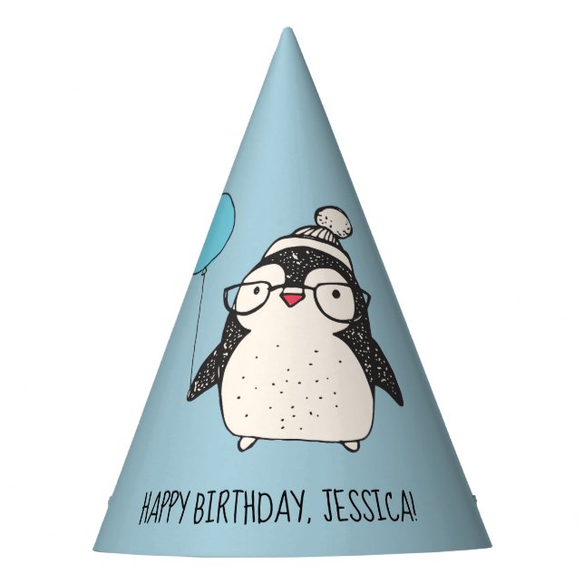 Gorro De Fiesta Pingüino lindo con un globo de cumpleaños personal (Anverso)