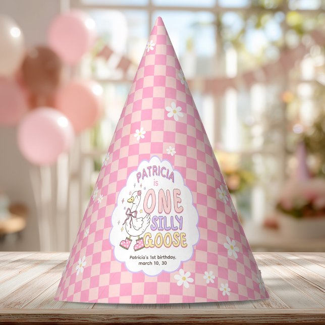 Gorro De Fiesta Pink One Silly Goose-Retro Girl First Birthday (Pink One Silly Goose-Retro Girl First Birthday Party Hat. Spring Silly Goose Themed 1st Birthday Hat)
