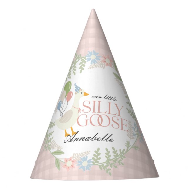 Gorro De Fiesta Pink Silly Goose Floral Gingham Birthday Favor (Anverso)