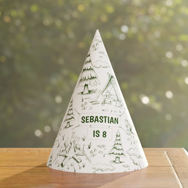 Gorro De Fiesta Pinos verdes forestales Campfire Camping Cumpleaño (Forest Green Pine Trees Campfire Camping Birthday Party Hat)