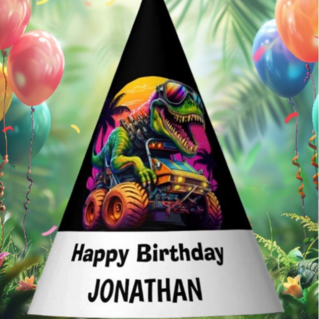Gorro De Fiesta Prepárate para una fiesta de cumpleaños de Dino-Mi (Unleash the fun with our Monster Truck Dinosaur Love party theme!)