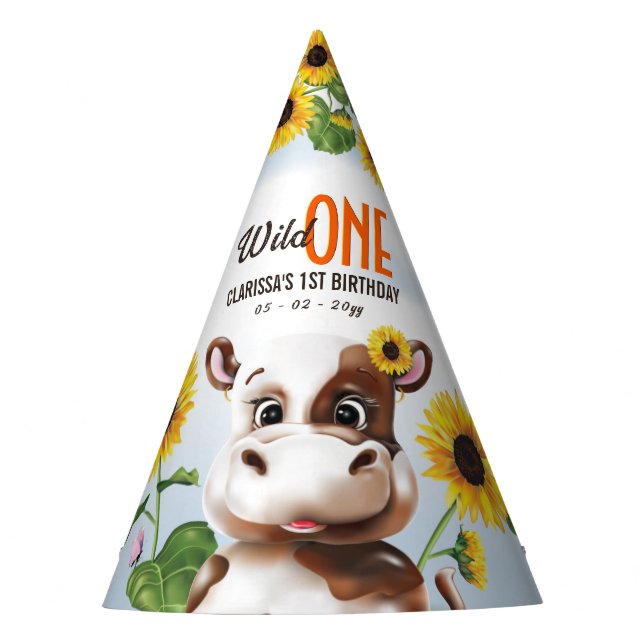 Gorro De Fiesta Primer cumpleaños de Cow Sunflower Chica (Anverso)