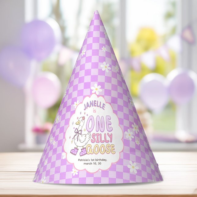 Gorro De Fiesta Purple One Silly Goose-Retro Girl First Birthday (Purple One Silly Goose-Retro Girl First Birthday Party Hat. Spring Silly Goose Themed 1st Birthday.)