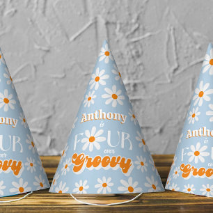 Gorro De Fiesta Retro Cuatro Niños Groovy De Cuarto Cumpleaños
