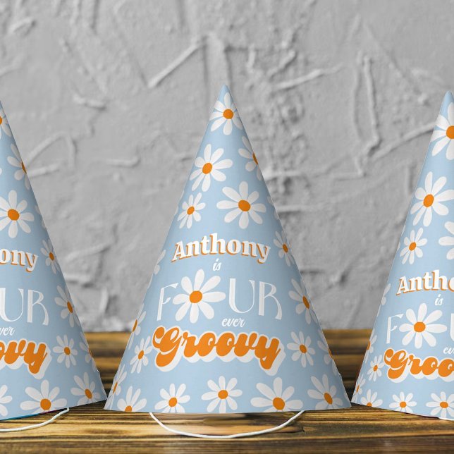 Gorro De Fiesta Retro Cuatro Niños Groovy De Cuarto Cumpleaños (Subido por el creador)