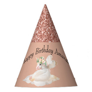 Gorro De Fiesta Rosa Glitter Unicornio Pegasus Feliz Cumpleaños