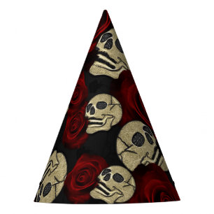 Gorro De Fiesta Rosas Rojas & Calaveras Gris Negro Floral Gótico