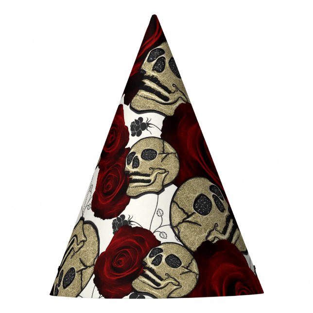 Gorro De Fiesta Roses rojos y cráneos blancos góticos florales neg (Anverso)