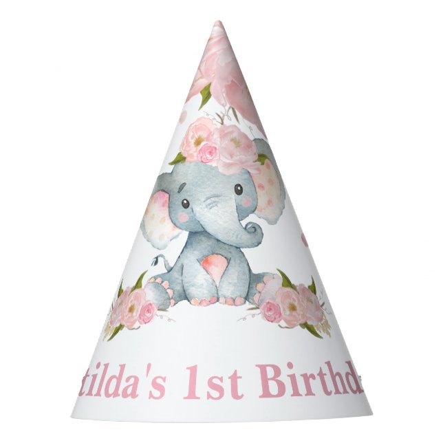 Gorro De Fiesta Rubor Pink Floral Cute Baby Elephant Primer Cumple (Anverso)
