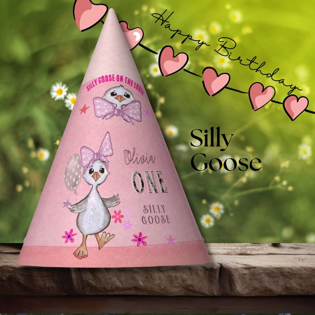 Gorro De Fiesta Silly Goose 1er cumpleaños Bow rosado (Silly Goose 1st Birthday Pink Bow Party Hat)
