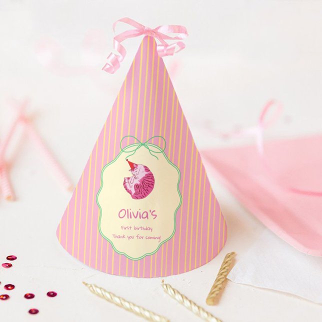 Gorro De Fiesta Sleepy Cat 1st Birthday Yellow Stripes (Subido por el creador)