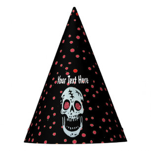 Gorro De Fiesta Sonriente Cráneo Blanco Purpurina Rojo Ojos Puntos