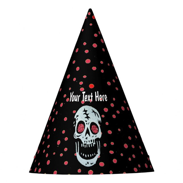 Gorro De Fiesta Sonriente Cráneo Blanco Purpurina Rojo Ojos Puntos (Anverso)
