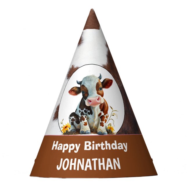Gorro De Fiesta Vaca Feliz cumpleaños Brown y White (Anverso)