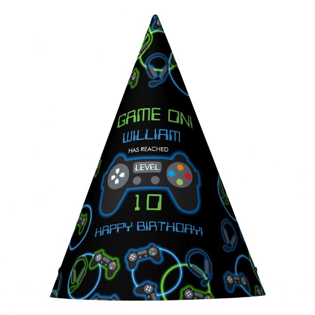 Gorro De Fiesta Videojuego Neon Blue & Green Birday Party (Anverso)
