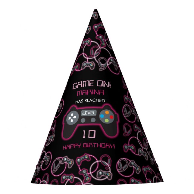 Gorro De Fiesta Videojuego Neon Pink Girls Birday Party (Anverso)