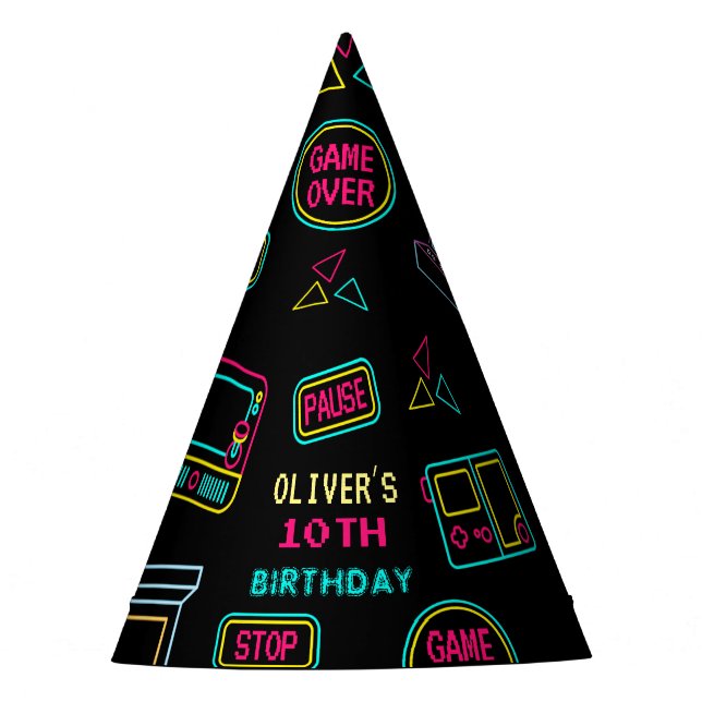 Gorro De Fiesta Videojuegos de neón de cualquier año cumpleaños ar (Anverso)