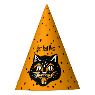 Gorro De Fiesta Vintage Halloween Black Cat Head Stars Naranja