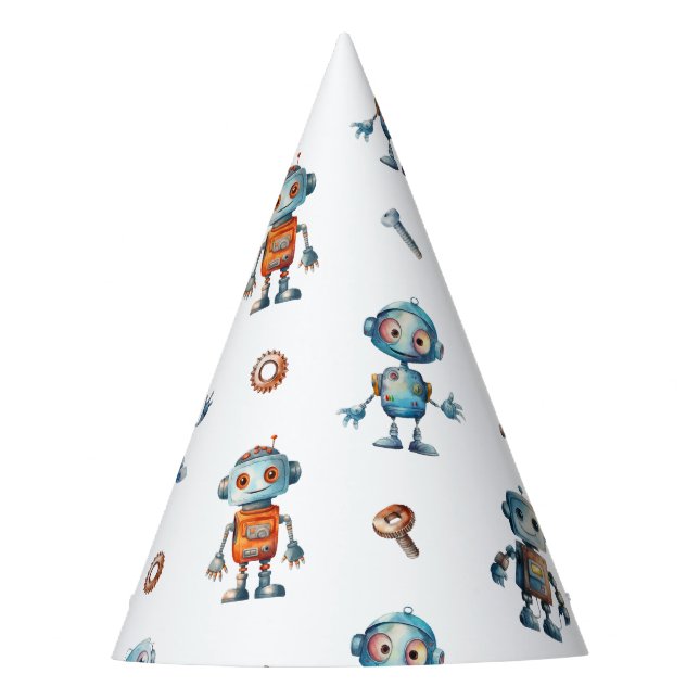 Gorro De Fiesta Watercolor Robot Kids Birthday White (Anverso)