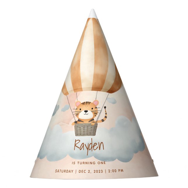 Gorro De Fiesta Whimsical Cute Tiger Globo de aire caliente 1º cum (Anverso)