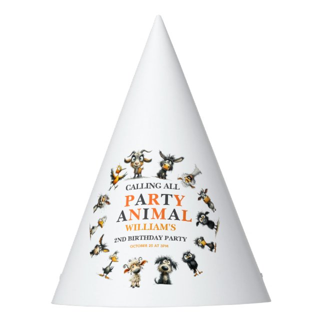 Gorro De Fiesta Whimsical Funny Animals 2nd Birthday Party (Anverso)