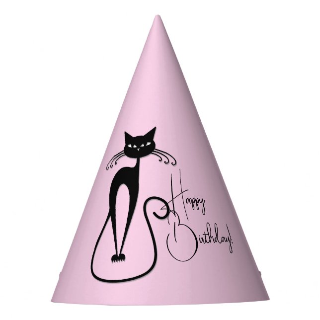 Gorro De Fiesta Whimsical Skinny Black Cat Rosa Feliz cumpleaños (Anverso)