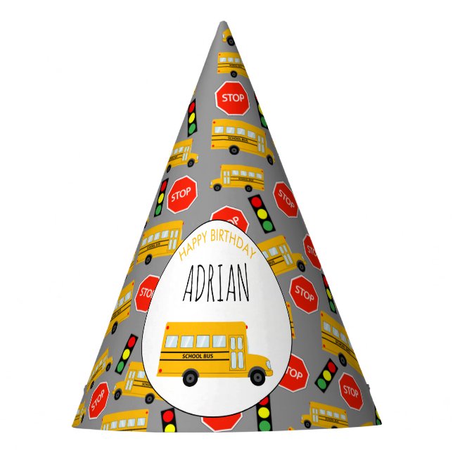 Gorro De Fiesta Yellow School Bus Stop Rótulo Traffic Light Cumple (Anverso)