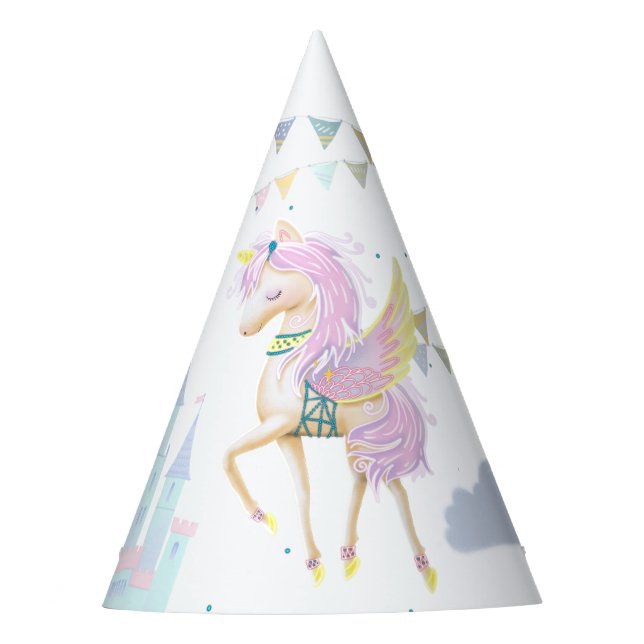 Gorros de fiesta de papel con un unicornio lindo. (Anverso)
