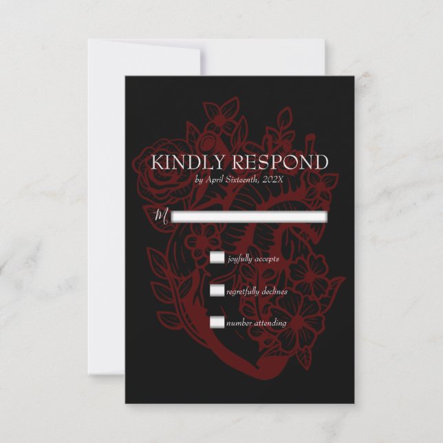 Gótico Elegante Boda del Corazón Rojo Ayuno RSVP (Anverso)