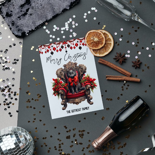 Gótico Gato Negro Feliz Navidad Negro Y Rojo (Gothic Black Cat Merry Christmas Holiday Card - Unique Design, Customizable, Perfect Holiday Gift)