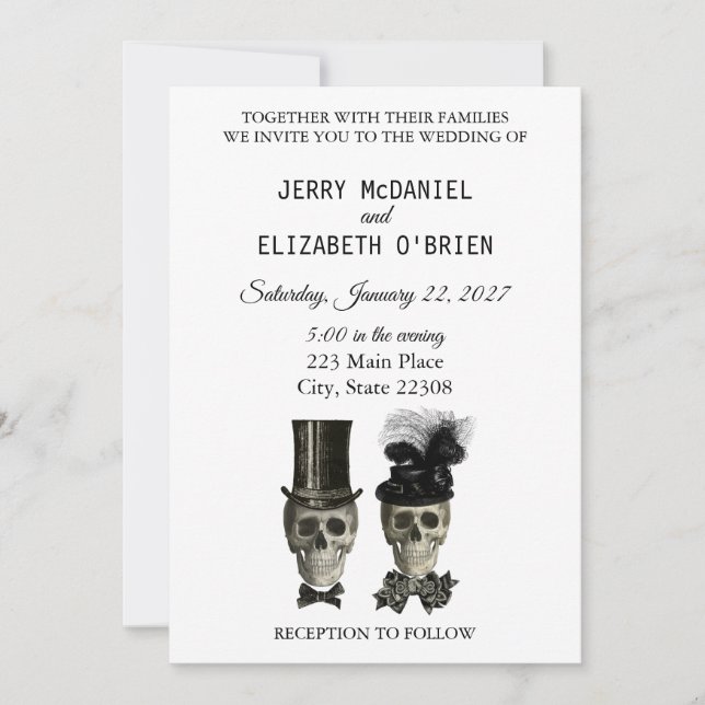 Gótico Novia Gótica Groom Skulls Invitación a la b (Anverso)