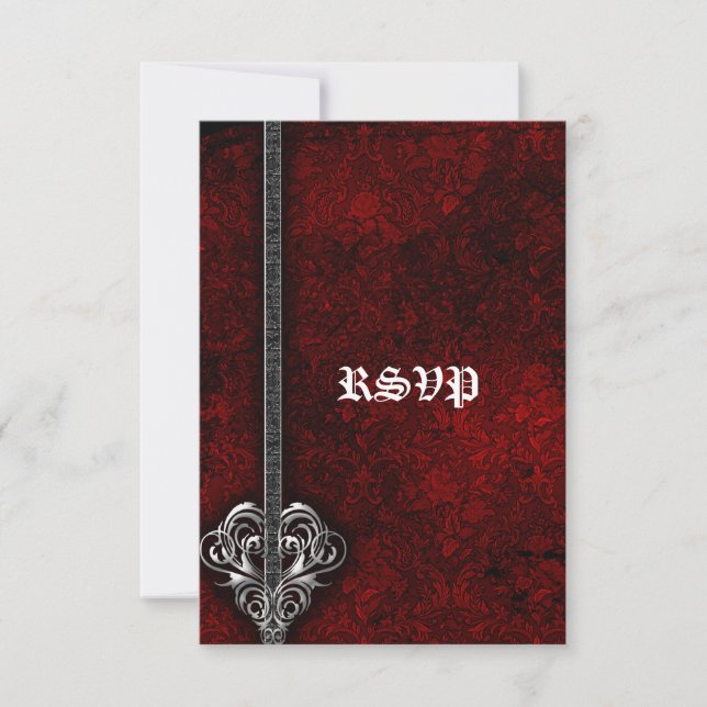 Gótico Red Damask Silver Heart Wedding RSVP (Anverso)
