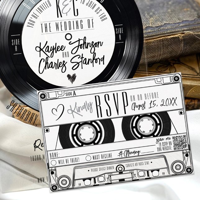 Grabación de cinta cassette Invitación a la boda b (Unique retro black and white vinyl record music vintage cassette tape RSVP card wedding invitation)
