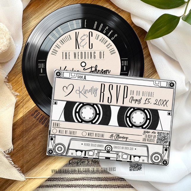 Grabación de cinta Cassette Invitación a matrimoni (Unique retro black and ivory vinyl record music vintage cassette tape RSVP card wedding invitation)