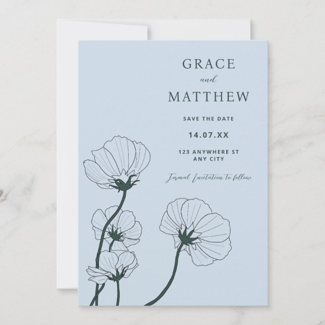 GRACE Invitación a la Boda Azul Botánica Moderna (Anverso)