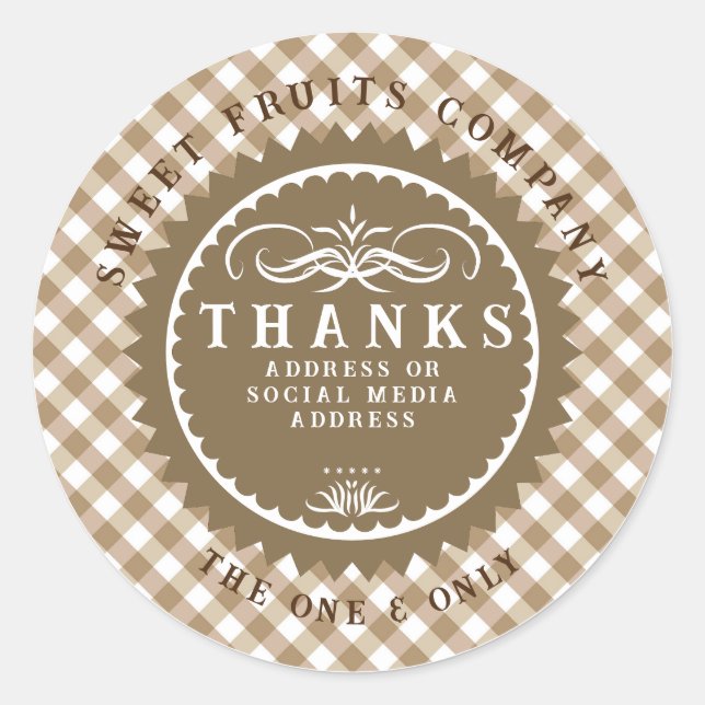 Gracias Brown Gingham Classic Round Pegatina (Anverso)