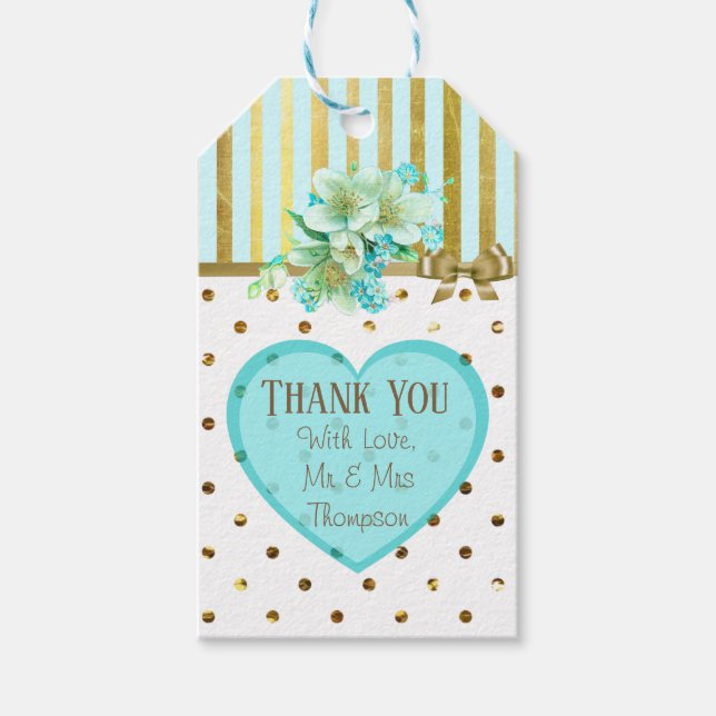 Gracias etiqueta de regalo de Boda azul y oro (Anverso)
